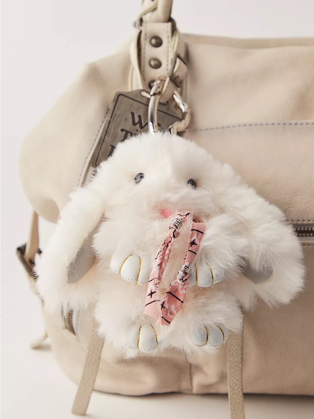 Free People White Fluffy Bunny Keychain With Pink Bow Nwt